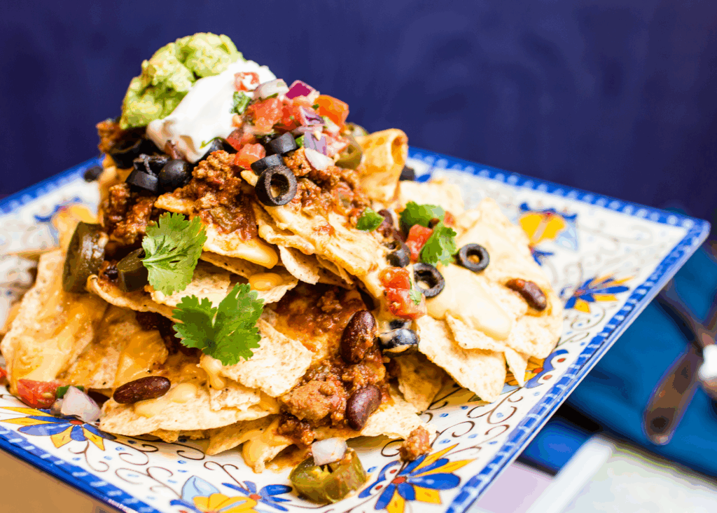 A plate of nachos