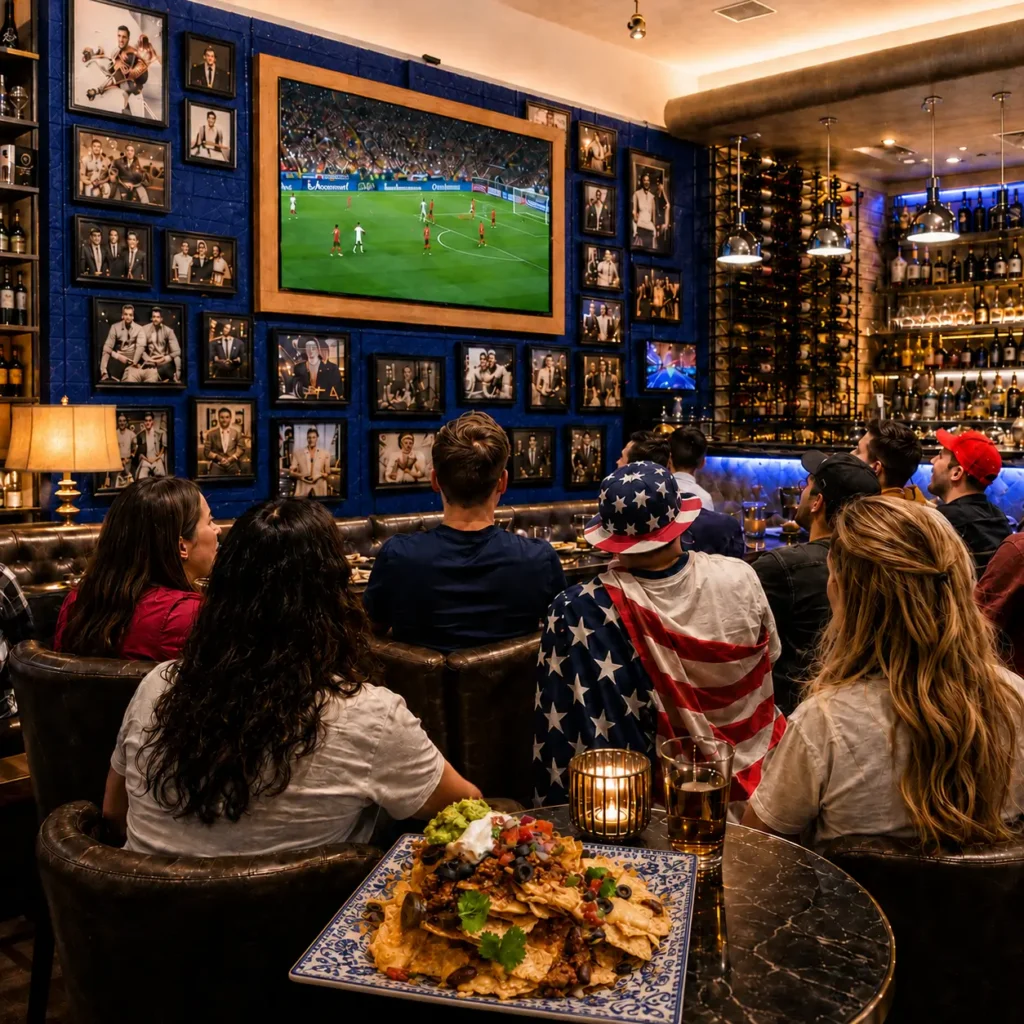 Café Hollywood guests watch a soccer match with loaded nachos and drinks in a lively Las Vegas sports bar.